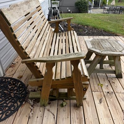 Outdoor Wooden Glider Bench with Matching Side Table + 4 Pillows
