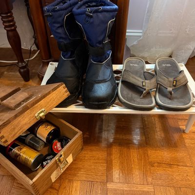 Mens Land's End Boots, Teva Sandals, Shoe Shine Kit, Plastic Shoe Shelf