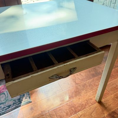 Vintage Enamel Top Table with Drawer – White Top with Red Trim