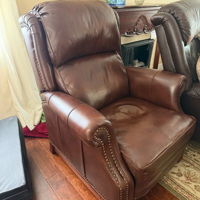 Lot of 2 Reclining Armchairs with Nail Head Trim & Footrests