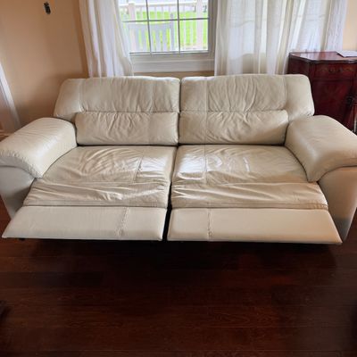 Cream Leather-Style Dual Reclining Sofa w Pillow-Back Cushions