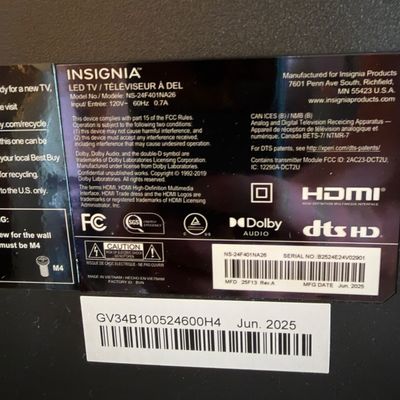 Insignia Smart TV 24” w Remote - Perfect for Kitchen!