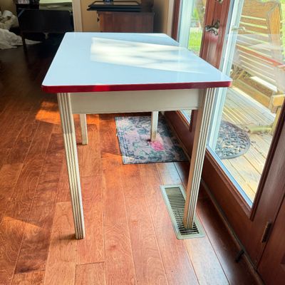 Vintage Enamel Top Table with Drawer – White Top with Red Trim