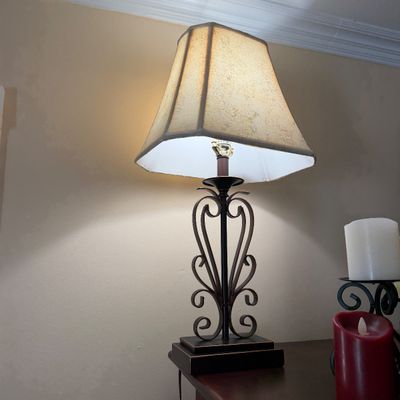 Pair of Decorative Wrought Iron Table Lamps with Scrollwork Bases