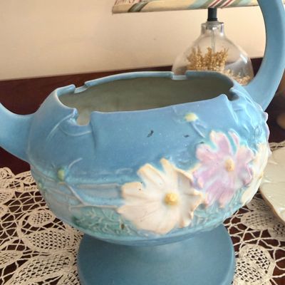 Vintage Roseville Pottery Cosmos Blue Handled Basket Vase #357-10 + Decorative Items