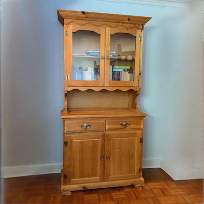 Antique-Style Primitive Pine Step-Back Hutch / Cupboard with Glass Doors & Drawers