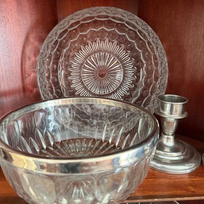 Estate Lot of Cut Crystal & Pressed Glass Serving Pieces with Silverplate/Pewter Accessories