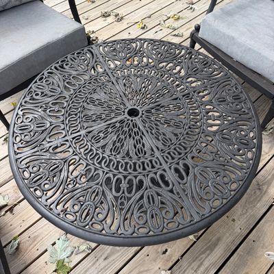 5-Piece Cast Metal Outdoor Patio Seating Set with Cushions & Round Table