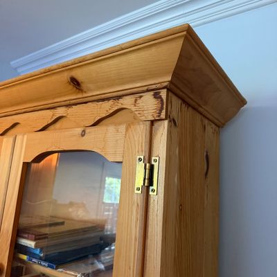 Antique-Style Primitive Pine Step-Back Hutch / Cupboard with Glass Doors & Drawers