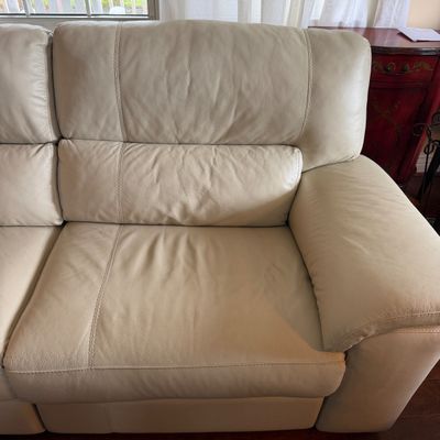 Cream Leather-Style Dual Reclining Sofa w Pillow-Back Cushions
