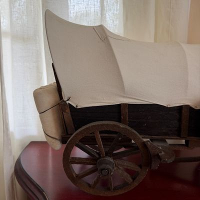 Vintage Wooden Covered Wagon Model with Canvas Cover & Barrel Accent