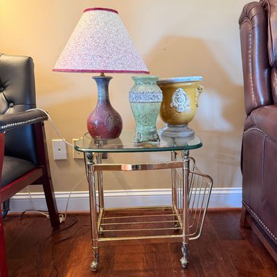 Vintage Chrome & Glass Rolling Bar Cart with Ceramic Lamp & Vases