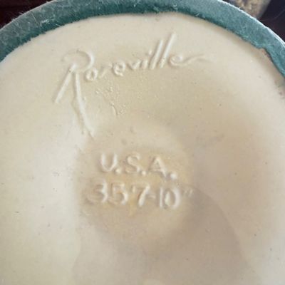 Vintage Roseville Pottery Cosmos Blue Handled Basket Vase #357-10 + Decorative Items