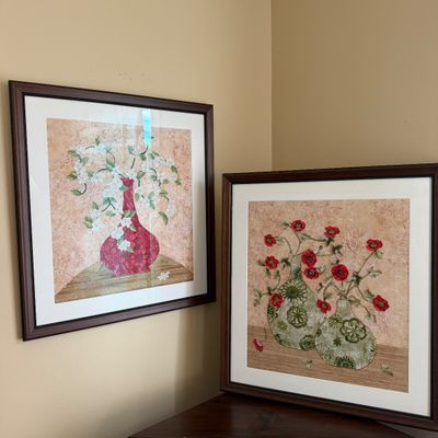 Pair of Framed Fabric Floral Art – Vase & Flower Designs