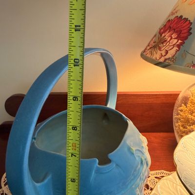 Vintage Roseville Pottery Cosmos Blue Handled Basket Vase #357-10 + Decorative Items