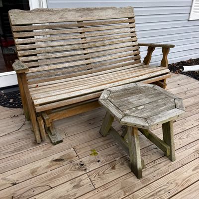 Outdoor Wooden Glider Bench with Matching Side Table + 4 Pillows