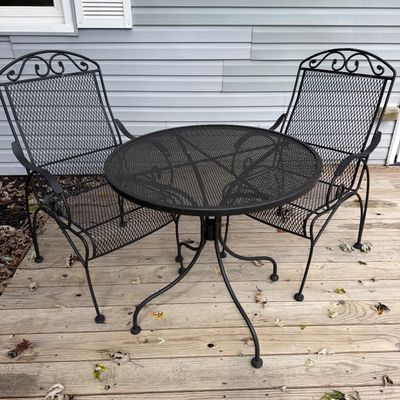 3-Piece Vintage Wrought Iron Patio Set + Umbrella Stand