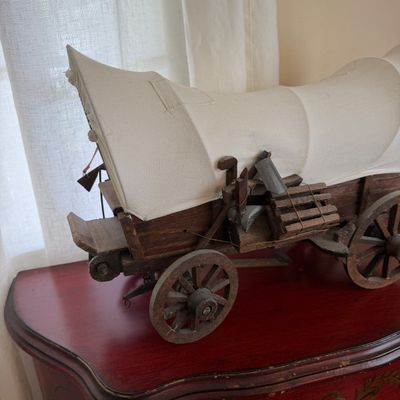 Vintage Wooden Covered Wagon Model with Canvas Cover & Barrel Accent