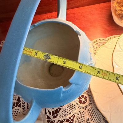 Vintage Roseville Pottery Cosmos Blue Handled Basket Vase #357-10 + Decorative Items