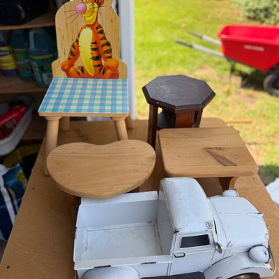Lot of 5 - Handcrafted Wooden Pieces, Tigger Child’s Chair, Stools & Toy Truck