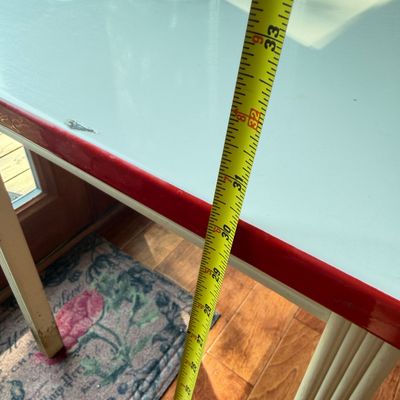 Vintage Enamel Top Table with Drawer – White Top with Red Trim