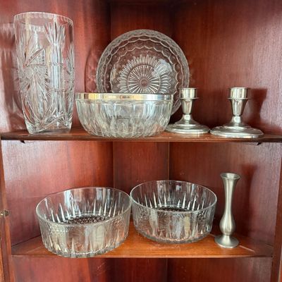 Estate Lot of Cut Crystal & Pressed Glass Serving Pieces with Silverplate/Pewter Accessories