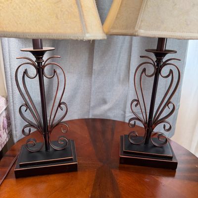 Pair of Decorative Wrought Iron Table Lamps with Scrollwork Bases
