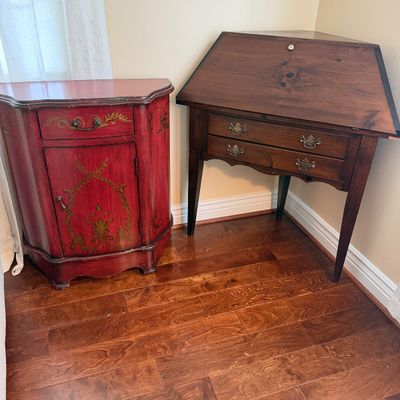 Pair of Vintage-Style Wood Accent Tables – Painted Cabinet & Drop-Front Desk