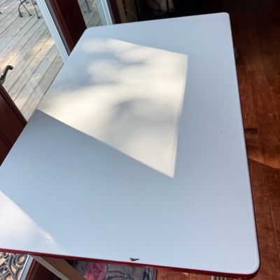 Vintage Enamel Top Table with Drawer – White Top with Red Trim