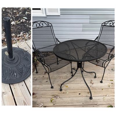 3-Piece Vintage Wrought Iron Patio Set + Umbrella Stand