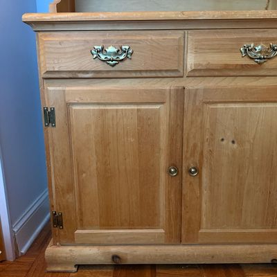 Antique-Style Primitive Pine Step-Back Hutch / Cupboard with Glass Doors & Drawers