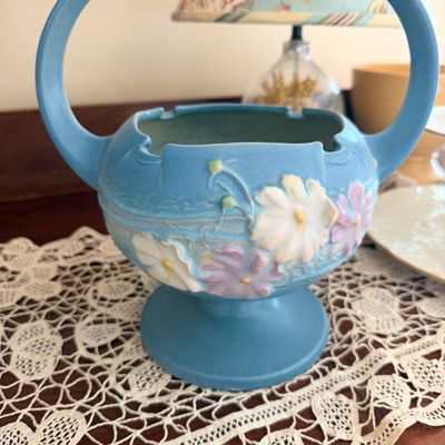 Vintage Roseville Pottery Cosmos Blue Handled Basket Vase #357-10 + Decorative Items