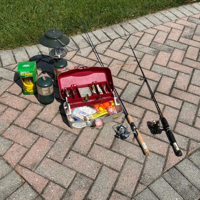 Fishing Camping Lot - Poles, Full Tackle Box, Coleman