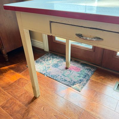 Vintage Enamel Top Table with Drawer – White Top with Red Trim