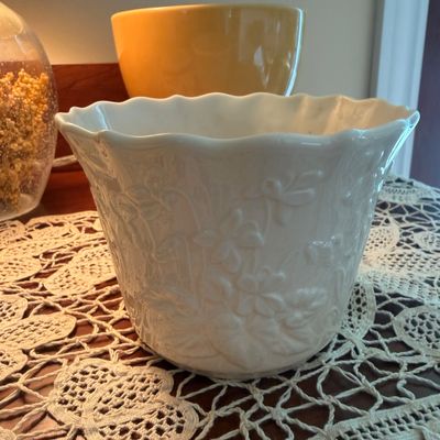 Vintage Roseville Pottery Cosmos Blue Handled Basket Vase #357-10 + Decorative Items