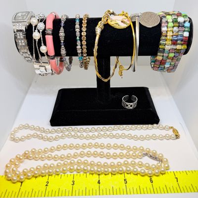 Mixed Costume Jewelry Lot - Bracelets, Necklaces, Ring, Watch, Pearls