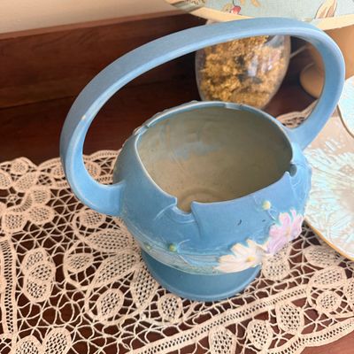 Vintage Roseville Pottery Cosmos Blue Handled Basket Vase #357-10 + Decorative Items
