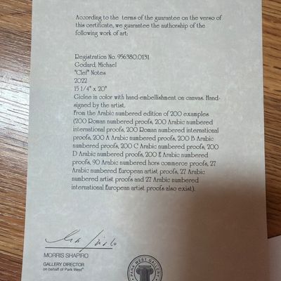 Sale Photo Thumbnail #24: Appraised value of $1650 in 2023
Please see photos for information regarding the work of art
Appraisal sheets from Parkwest Gallery will be included with purchase