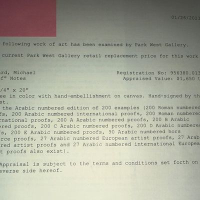 Sale Photo Thumbnail #26: Appraised value of $1650 in 2023
Please see photos for information regarding the work of art
Appraisal sheets from Parkwest Gallery will be included with purchase