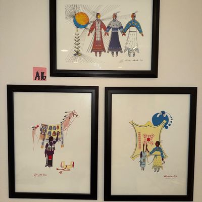 Sale Photo Thumbnail #126: A16- Trio of Art by Arthur Amiotte
Three framed works of art by Amiotte

20x26 for the bottom two
18.5x24 for the top one

Dakota Sue artist that lives in Custer, South Dakota