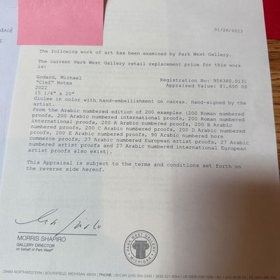 Sale Photo Thumbnail #25: Appraised value of $1650 in 2023
Please see photos for information regarding the work of art
Appraisal sheets from Parkwest Gallery will be included with purchase