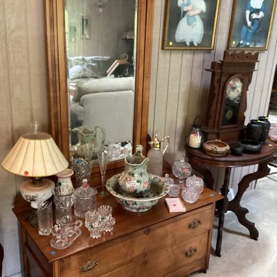 Sale Photo Thumbnail #25: Chest w/Mirror, Spode Pitcher and Bowl, Lamp and Collectibles 