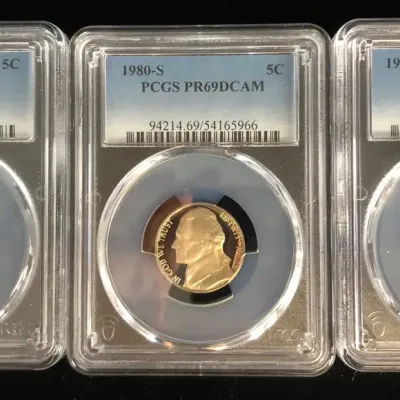 1979-S, 1980-S, & 1981-S Jefferson Nickels, PCGS PR69DCAM, 3 Total