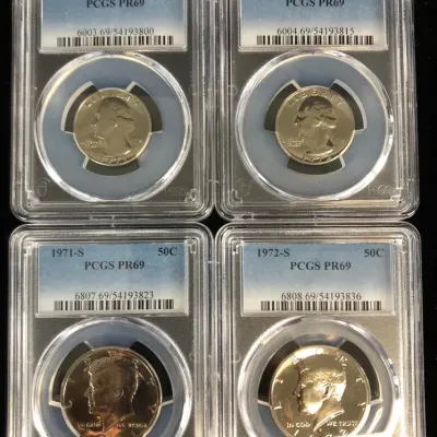 1971-S & 1972-S Proof Washington Quarters & Kennedy Half Dollars, PCGS PR-69, 4 Total