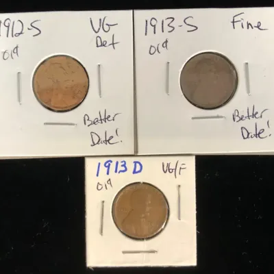 1912-S, 1913-D, & 1913-S Better Date Lincoln Cents, 3 Total