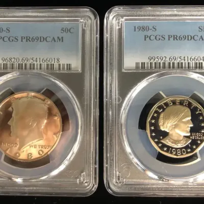 1980-S Proof Kennedy Half Dollar & Susan B Anthony Dollar, PCGS PR69DCAM, 2 Total