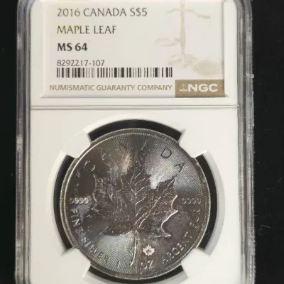 2016 $5.00 1oz Pure Silver Blue Toning, Canada Maple NGC MS-64 Toning