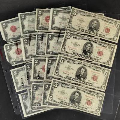 16 $2.00 Red Seal Notes From 1928, 53 & 63, & 4 $5.00 Red Seal Notes 1953 & 1963 Notes
