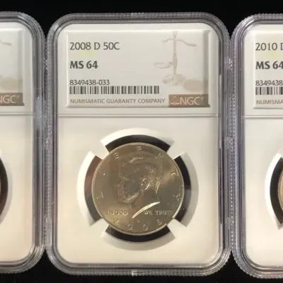 1972-D, 2008-D, & 2010-D Kennedy Half Dollars, NGC MS-64/65, 3 Total