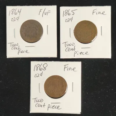 1864, 1865 & 1868 2 Cent Pieces